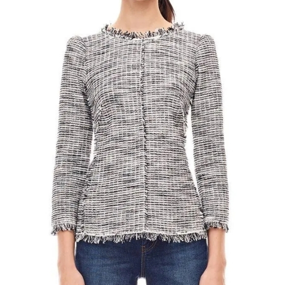 Rebecca Taylor Bouclé Tweed Top Fringe Hem Round Neck Heather Gray Blouse 6 - Picture 1 of 16